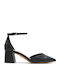 Leder Spitzer Pumps mit Riemen Schwarz