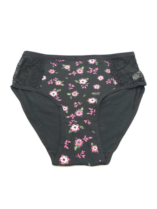 Power Flower Cotton Women's Briefs with Lace Black