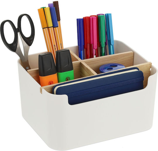 Organizator De Birou 5 Compartimente Plastic Lemn Dimensiuni Aproximative 9.5 X 18 X 15 Cm Alb Natural