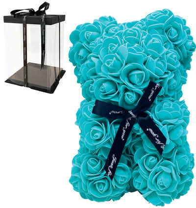 Türkis Teddybär Künstliche Rosen Transparente Verpackung – 23cm
