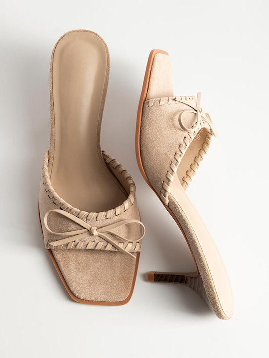 Bozikis Suede Mules with Thin High Heel in Beig...