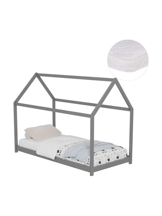 Pat Pentru Copii Clasic Single Cu Saltea Gri 90x190cm