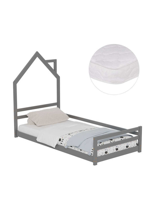Pat Pentru Copii Single Gri Pentru Saltea 90x190cm