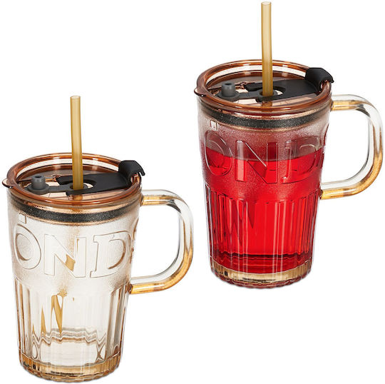 Relaxdays Set de pahare Cocteiluri / pentru apa din Sticlă în Culoarea Maro cu pai 450ml 2buc