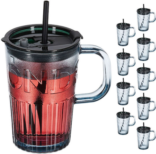 Relaxdays Set de pahare pentru apa / Cocteiluri din Sticlă în Culoarea Gri cu pai 450ml 10buc