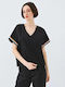 Women's Cotton Short Sleeve Top with V-Neck Striped Black