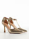 Synthetic Leather Pointed Toe Stiletto Gold High Heels with Strap