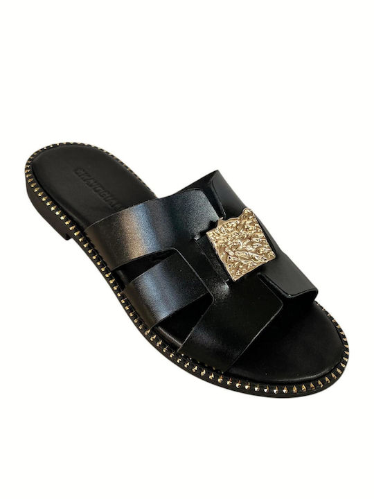 Leather Women's Flat Sandals in Black Color