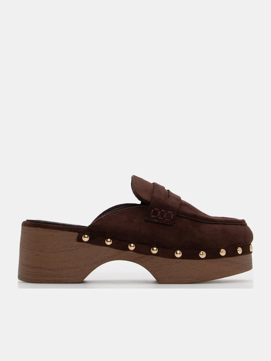 Suede Mules με Χαμηλό Τακούνι σε Καφέ Χρώμα