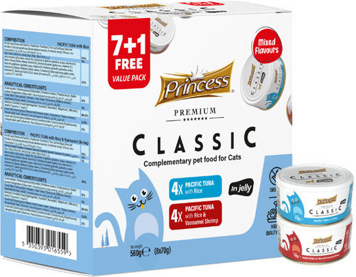 Princess Premium Classic Wet Food for Cats in Cans with Tuna, Rice, Shrimps, Fish and Meat 70gr
