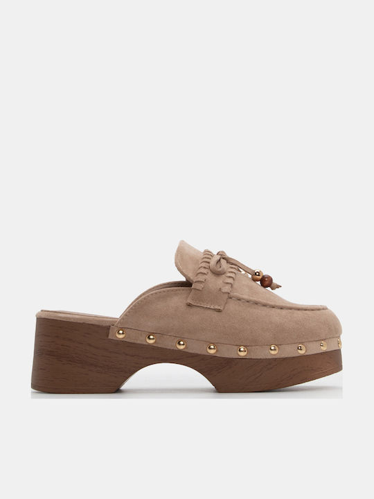 Luigi Suede Mules με Χαμηλό Τακούνι σε Μπεζ Χρώμα