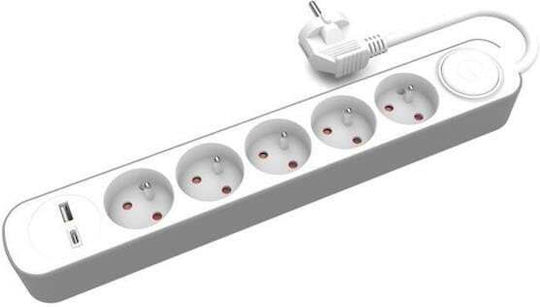 Plastrol Power Strip 5 Positions with USB-A, USB-C, Switch and Cable 3m