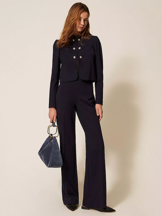 Women's High-waisted Fabric Trousers Flared Dark Blue
