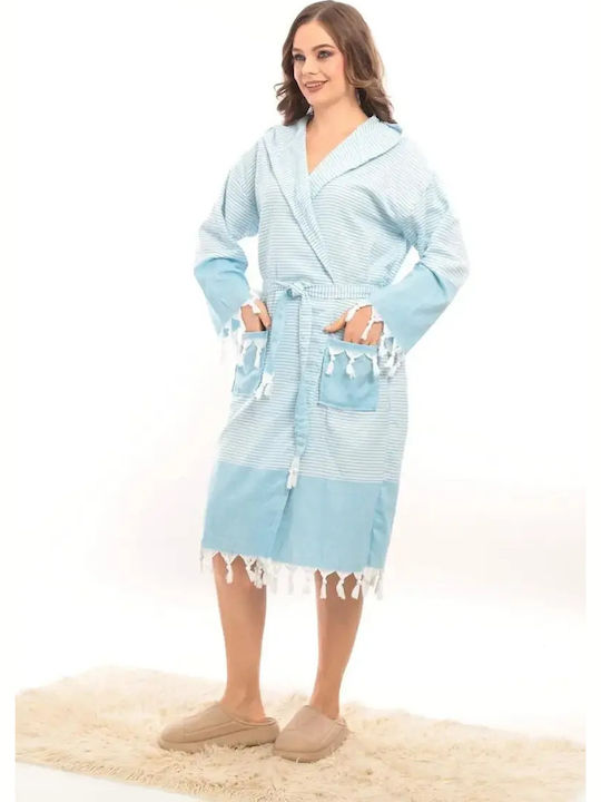 SteweHome Blaues Damen Bademantel mit Kapuze Dünn 100% Baumwolle S M