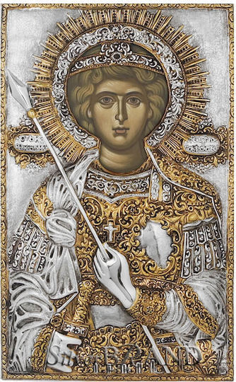 St. Georg Russische Silberne Heiligenikone Mit Goldüberzug 36x22cm