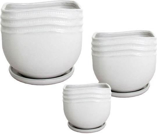 Set of 3 White Round Clay Plant Pots with Plates S:φ14x14 M:φ19.5x18.5 L:φ24x23.5cm 2/box
