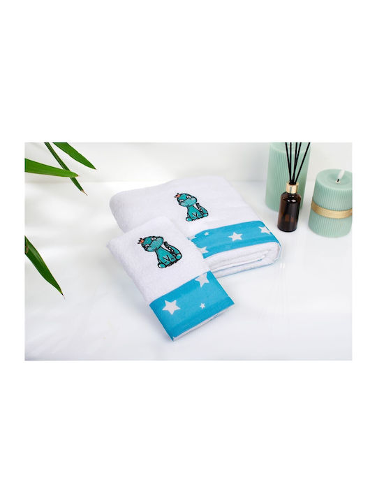 Dimcol Σετ Βρεφικές Πετσέτες 2τμχ Dinosaur White-sky Blue Βάρους 400gr/m²