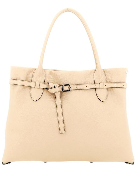 Δερμάτινη Γυναικεία Τσάντα Shopper Μπεζ