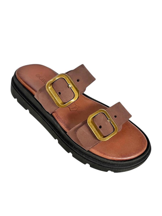 Leather Women's Flat Sandals Flatforms in Tabac Brown Color