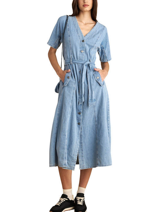 Καλοκαιρινό Midi Σεμιζιέ Φόρεμα Τζιν Light Blue