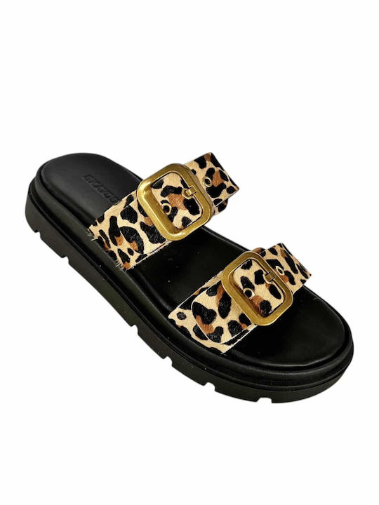 Leather Women's Flat Sandals Flatforms in Brown Color