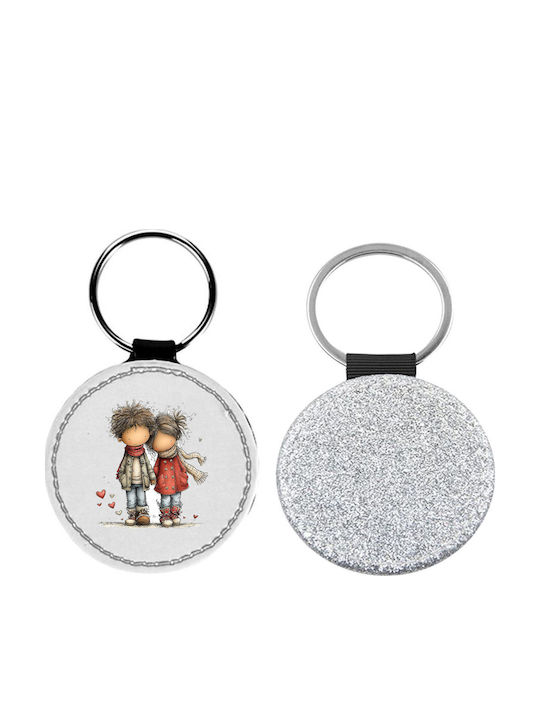 Leather Round Valentine's Day Couples Glitter Silver Keychain