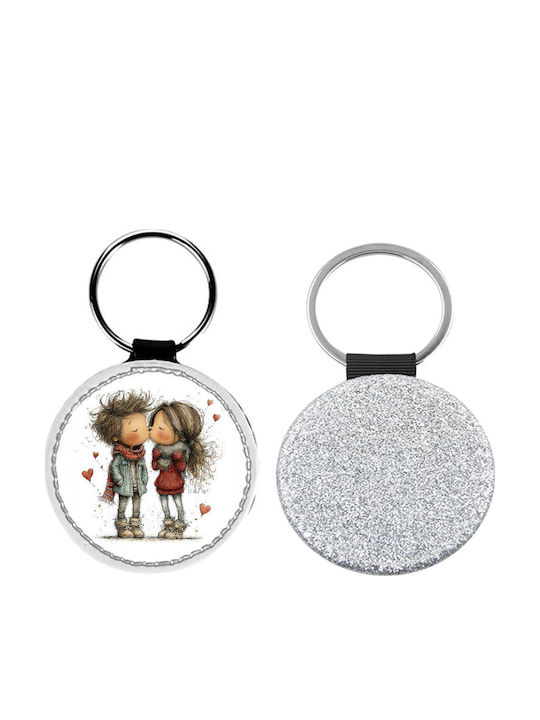 Leather Round Valentine's Day Couples Glitter Silver Keychain