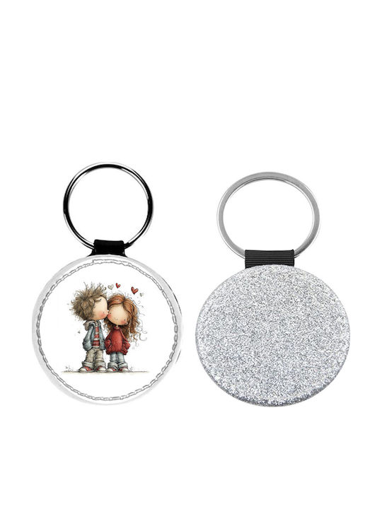 Leather Round Valentine's Day Couples Glitter Silver Keychain