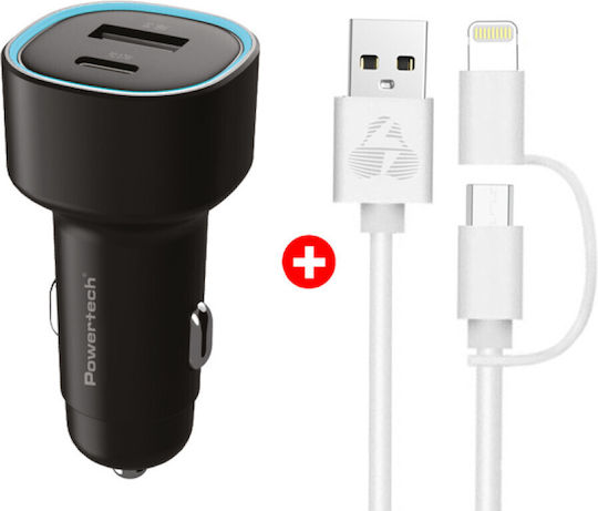 Powertech Auto-Ladegerät 85W 2.4A Schnellladung mit Anschlüssen: 1xUSB 1xType-C mit Kabel Blitzschlag / Mikro-USB Schwarz Farbe