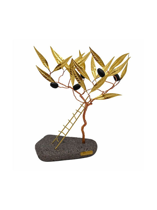Decorative Handmade Olive Tree Metallic Gold Leaves Stone Base 25cm