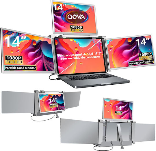 Monitor Portabil Extensibil Pentru Laptop Qova Ecran Quad 14 Inch 3 Ecrane Ips Full Hd 1080p Pliabil Rotativ 360° Compatibil Windows Macbook Suport Reglabil Compatibil Laptopuri 13.6" 17.3" Reglare Luminozitate Geantă