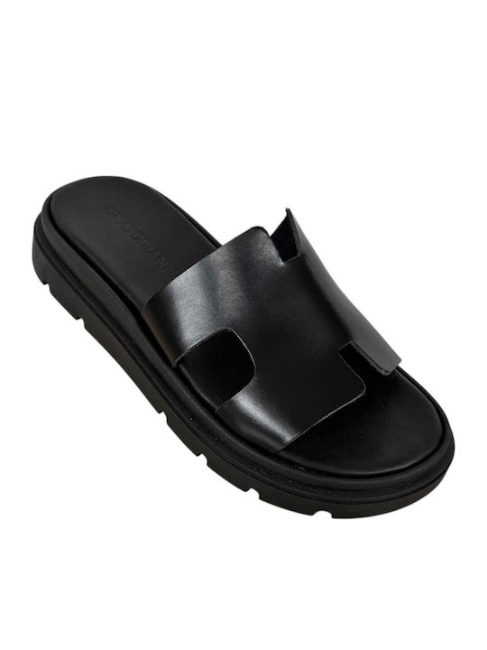 Leather Women's Flat Sandals Flatforms in Black Color