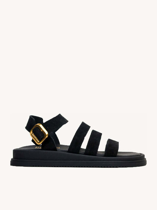 Schwarze Flatforms Mit Mehrfachriemen und Schnalle