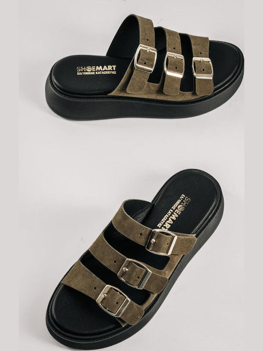 Leather Women's Flat Sandals Flatforms in Green Color