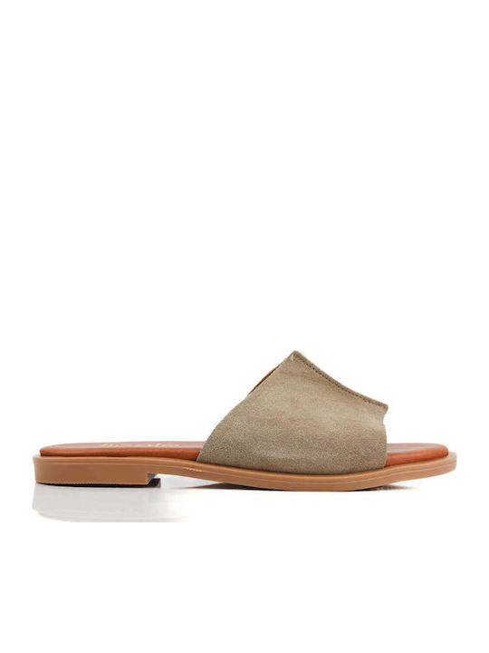 Beige Leather Slippers Wide Single Strap