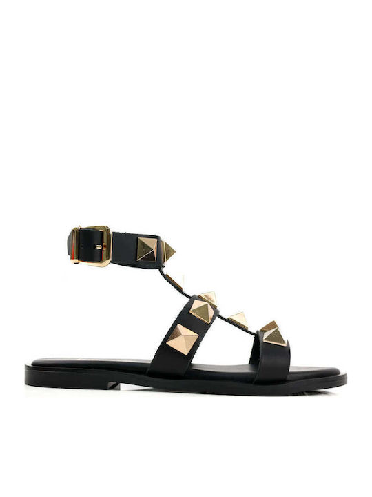Black Leather Sandals Gold Pyramids