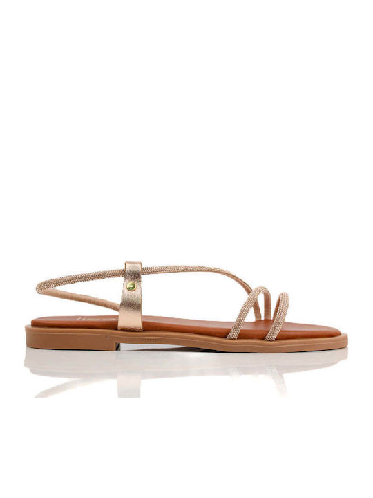 Bronze Leather Sandals With Rhinestones Without Buckle