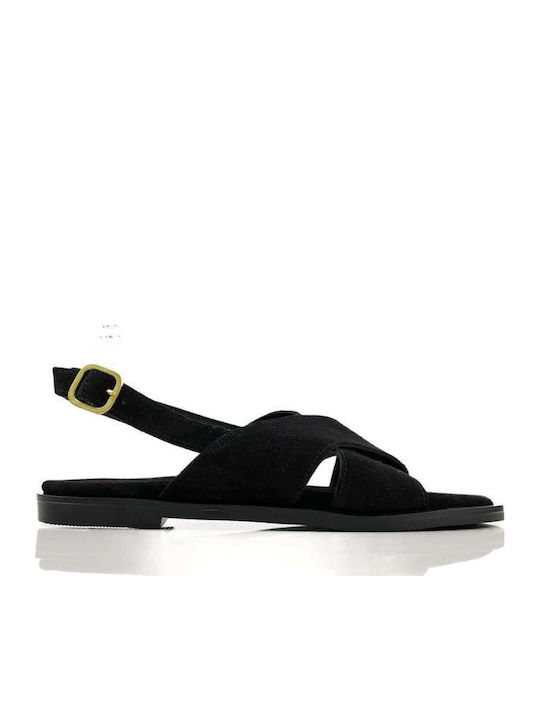 Black Leather Suede Sandals Crossover Straps