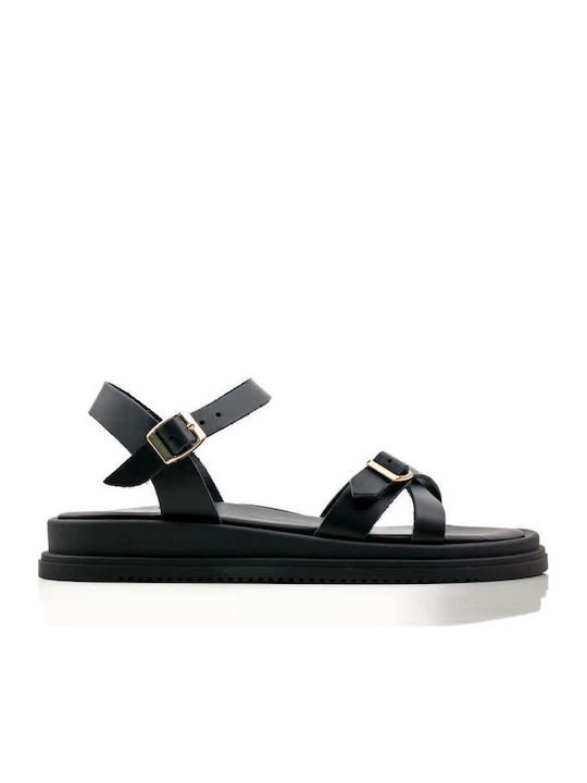 Black Leather Flatforms Straps Buckles