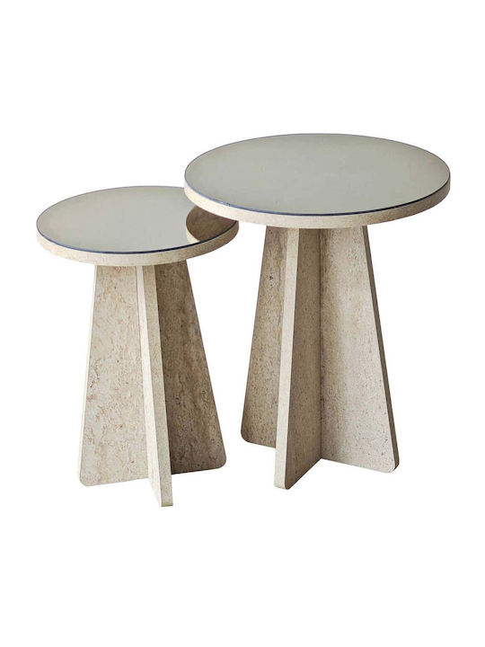 Round Side Table Luna Wooden Travertine Bronze 2 Pieces W40xL40xH50cm