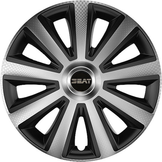 Car Wheel Hubcaps Versaco Aviator Carbon Chrome & Black 14" 3d Metal Logo Seat 4 Pieces