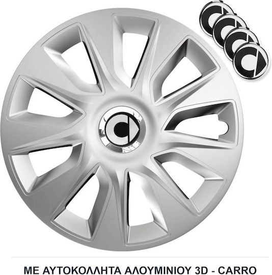 Τάσια Τροχών Αυτοκινήτου Versaco Stratos 14" Ασημί Δαχτυλίδια Χρωμίου Σήμα 3d Μεταλλικό Smart 4 Τεμάχια
