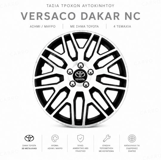 Car Wheel Hubcaps Versaco Dakar Nc Silver Black 15" 3d Metal Logo Toyota 4 Pieces