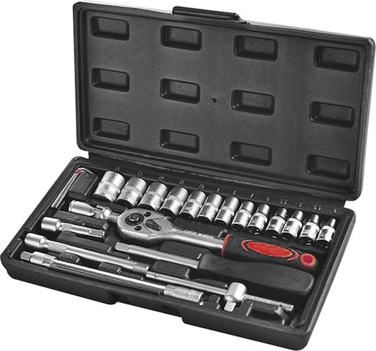 25-piece Tool Set 4-14 Mm Sockets 1/4" Ratchet Extensions Cr-v In Plastic Carrying Case