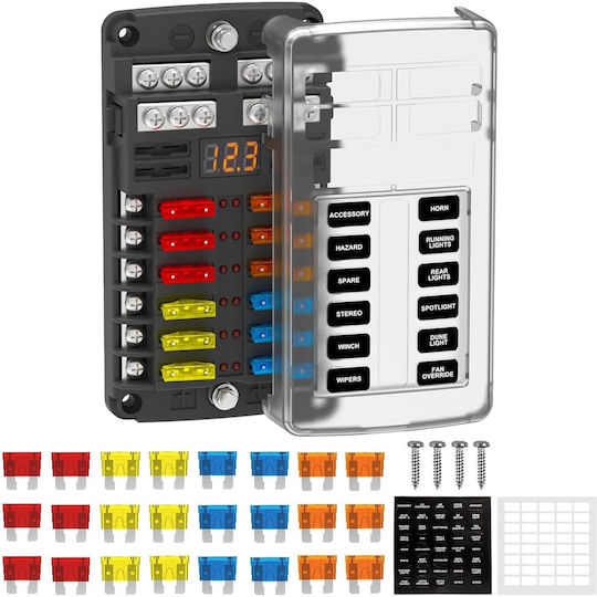 Set Cutie Siguranțe Auto 12 Ieșiri 12–32 V Afișaj Led Capac de Protecție Siguranțe Lamelare Atc Ato Incluse Mașină Motocicletă Barcă Rulotă Autorulotă