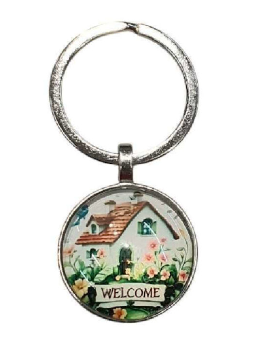 Breloc Vintage Design Casă și Flori Sticlă Lichidă