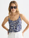 Women's Satin Top with Spaghetti Straps Floral Blue