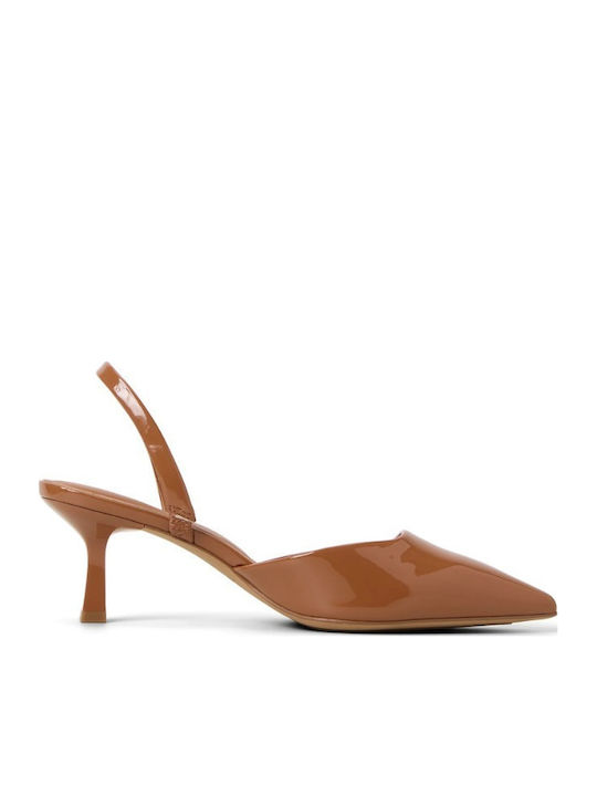 Pointed Toe Heels in Patent Leather with Strap & High Brown Heel