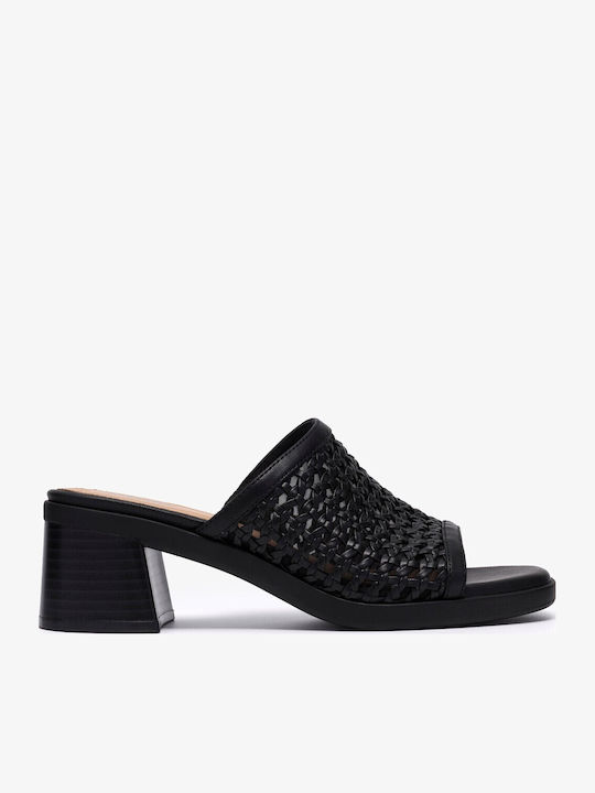 Leather Women's Mules with Chunky Low Heel in Black Color