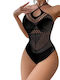 Black Hollow Out Fishnet Halter Teddy O S